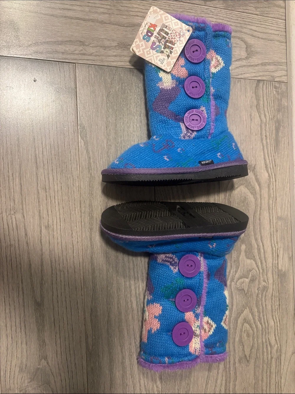 Kids Original Mukluks Blue and Purple Button-Up Winter Boots with Mermaid Design